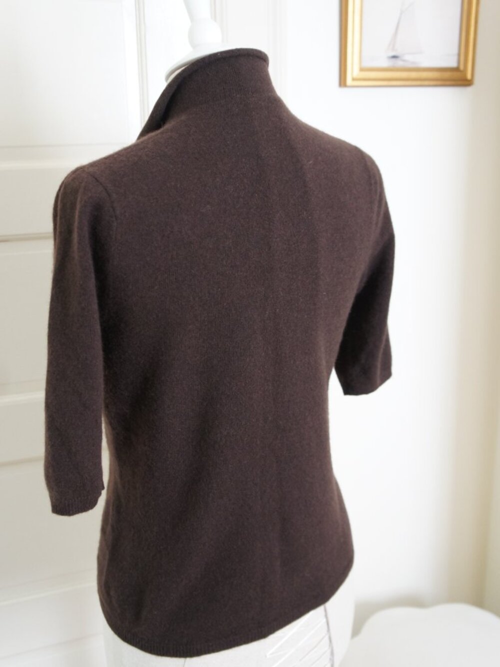 Vintage 90s 100% Cashmere Dark Brown V-Neck Polo Sweater Shirt Size Small - Picture 7 of 11